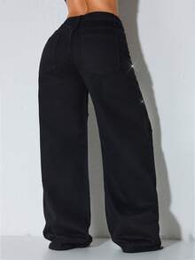 Pearl Decor 低腰阔腿休闲蓝色牛仔裤，带斜插口袋，女款黑色 - 黑色 - 查看 2