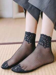 5 Pairs Mesh Breathable Lace Ankle Socks, Spring/Summer - Black - View 2