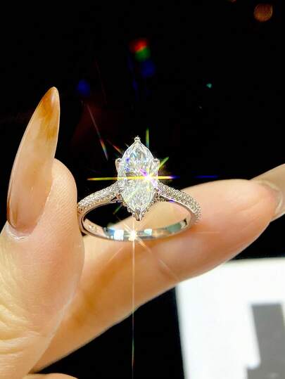 1pc 2 Carat Romantic Brilliant 6-Prong Moissanite & Pave Diamond Engagement Ring, S925 Sterling Silver Luxury Engagement/Promise/Anniversary Ring, Women's Jewelry Gift, Christmas Gift