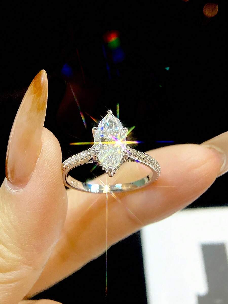 1pc 2 Carat Romantic Brilliant 6-Prong Moissanite & Pave Diamond Engagement Ring, S925 Sterling Silver Luxury Engagement/Promise/Anniversary Ring, Women's Jewelry Gift, Christmas Gift - Six-prong Marquise Diamond Moissanite Ring - 2ct - View 1