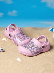 1 Pair Girls' Comfortable Fashion Casual Lightweight Cute Pink Heart Print Outdoor Beach Toe-Protection Clogs, Spring/Summer - Pink - View 3