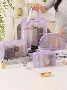 Borsa cosmetica in rete traspirante a motivo a cuore, borsa organizer trasparente portatile, borsa portaoggetti per trucchi di grande capacità e multifunzionale, borsa, borsa per trucchi, elemento essenziale da viaggio - Multicolore - Visualizzare 1