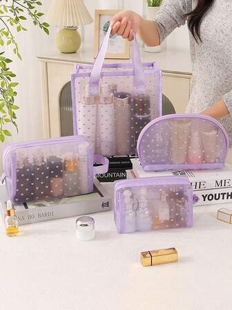 Hjärtmönster Andningsbar Mesh Kosmetikväska, Bärbar Transparent Organizer Väska, Stor Kapacitet Multifunktionell Makeup Förvaringspåse
