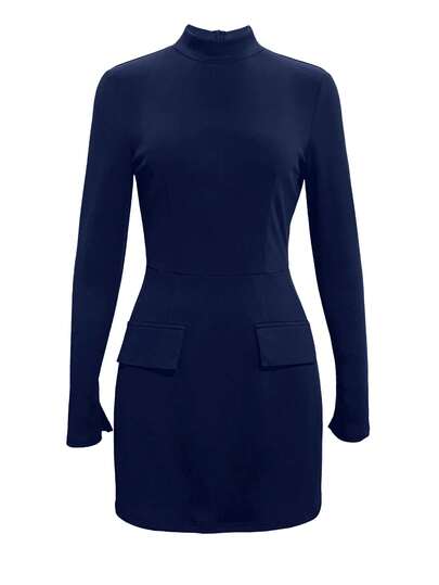 Elegant Long Sleeve Fitted Solid Color Mini Dress, Navy Blue Long Sleeve Dress Suitable For Party/Holiday, Autumn/Winter