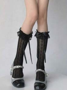 1 Pair White Lace Lolita Knee High Socks, Feminine Frilly Mid,Calf Stockings, Japanese Style Tights, Lolita, Cozy Socks - 彩色 - 查看 11