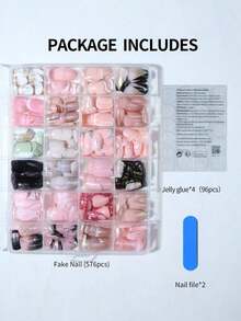 24pcs/Set Medium Square Shiny Colored French Manicure Nail Stickers, Containing Glter, Full Coverage Acrylic False Nails, Inclus 1pc Jelly Gel And 1pc Nail File, Suable For Women And S For Daily Work, Study And Garings - Multicolor 14 - View 3