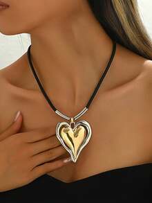 1pc Fashionable Geometric Glossy Oversized Heart Pendant Necklace With Bicolor Rope, Versatile For Women - Multicolor - View 5