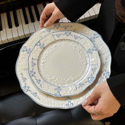 Cabin Kangaroo 1pc French Vintage Style Tableware, Exquisite Craftsmanship, Blue Tone, Ruffled Edge Design, Embossed Ceramic Technique, Dessert Bowl, Breakfast Bowl, Soup Plate, Showcasing French Charm, Elegant Dining Experience.