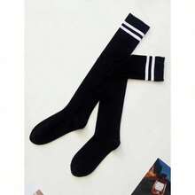 1 par de medias altas de unicolor para mujeres, simples pero versátiles y cómodas, adecuadas para todas las estaciones - Blanco y Negro - Ver 2