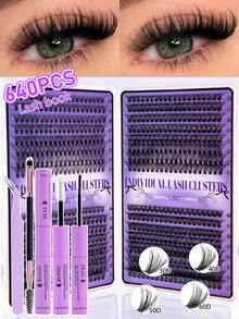 MEM 800pcs Eyelash Extension Kit, DIY Eyelash Extension Set, Individual Lash Cluster, D Curl Eyelash Extension Kit, Includes Adhesive, Sealant And Eyelash Extension Tools, Suitable For Daily Use, Travel, Beginners, Weddings, Dates, Parties, Holidays, Great For Christmas/Halloween/Gift Lash Set - 黑色 - 查看 4