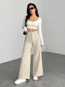 Women's Solid Color Front Button Casual Wide Leg Pants, Suitable For Daily Wear - Apricot - View 7