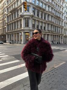 Áo khoác lông giả ngắn gợi cảm, thời trang dành cho nữ, hàng mới về cho mùa Thu/Đông. - Màu Đỏ Sâu - Xem 3