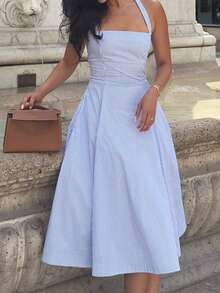Women's Blue & White Striped Halter Midi Dress | Square Neck Sleeveless Flared Dress For Vacation & Brunch - Blue - View 3