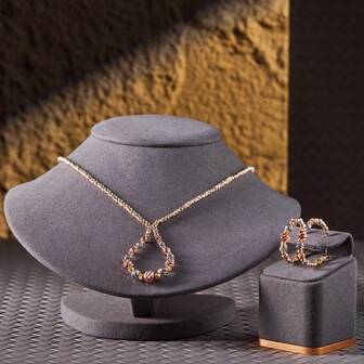 2件套意大利手工三色铜珠编织镂空水滴吊坠项链和圆形耳环，适合女性日常佩戴