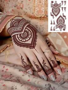 4张海娜临时纹身贴纸，防水棕色手部纹身贴纸，适合女孩婚礼、穆斯林服饰、节日、情人节派对等场合。