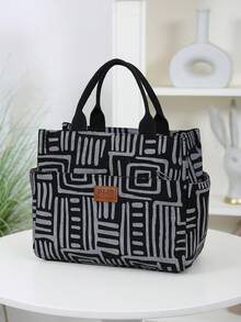 DLIU New Arrival, Corduroy Printed Fabric, Large Capacity Thick Tote Bag, Aluminum Foil Insulation Lining, Half-Zip Closure, Multi-Pocket Outdoor Storage Bag, Lunch Bag, Bento Box Bag, Tote Bag, Organizer Bag, Handbag, Suitable For Work Lunch, Outdoor Picnic, Daily Storage Lunch Box Cooler Bag Waterproof For Women For Men For Picnic For School Back To School - Black - View 4