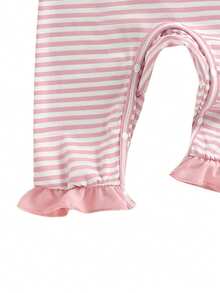 Baby Girls Cute Easter Bunny & Carrot Print Ruffle Collar Long Sleeve Striped Romper, Comfortable Fabric, Autumn/Winter Holiday Collection - Pink - View 6