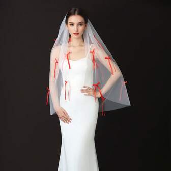 1pc Lightweight Solid Color Mesh Veil With Cute Red Bow Accent, Bridal Headpiece For Wedding Dress, Party, Holiday, Photo Shoot, Romantic Accessory