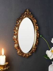 1件树脂材质金色椭圆形浮雕墙面装饰镜，家居墙面装饰挂镜，欧式背景墙面装饰家居艺术挂饰，适用于家居墙面装饰、梳妆镜或摄影道具 - 金色 - 查看 6