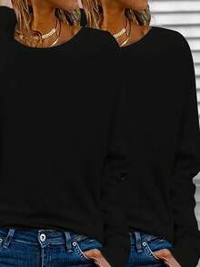 2pcs Women Casual Long Sleeve Solid Crew Neck T-Shirts, Tops - Black and White 2-piece Set - View 3