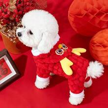 1pc Chinese New Year Pet Dog Cat Warm Hooded Clothes, Autumn/Winter Fleece 4-Leg Outfit, Auspicious Chinese Style, 3D Dragon Horn Hood, Cute & Comfortable, Suitable For Poodle, Bichon Frise And Other Small Dogs/Cats, Leash Friendly