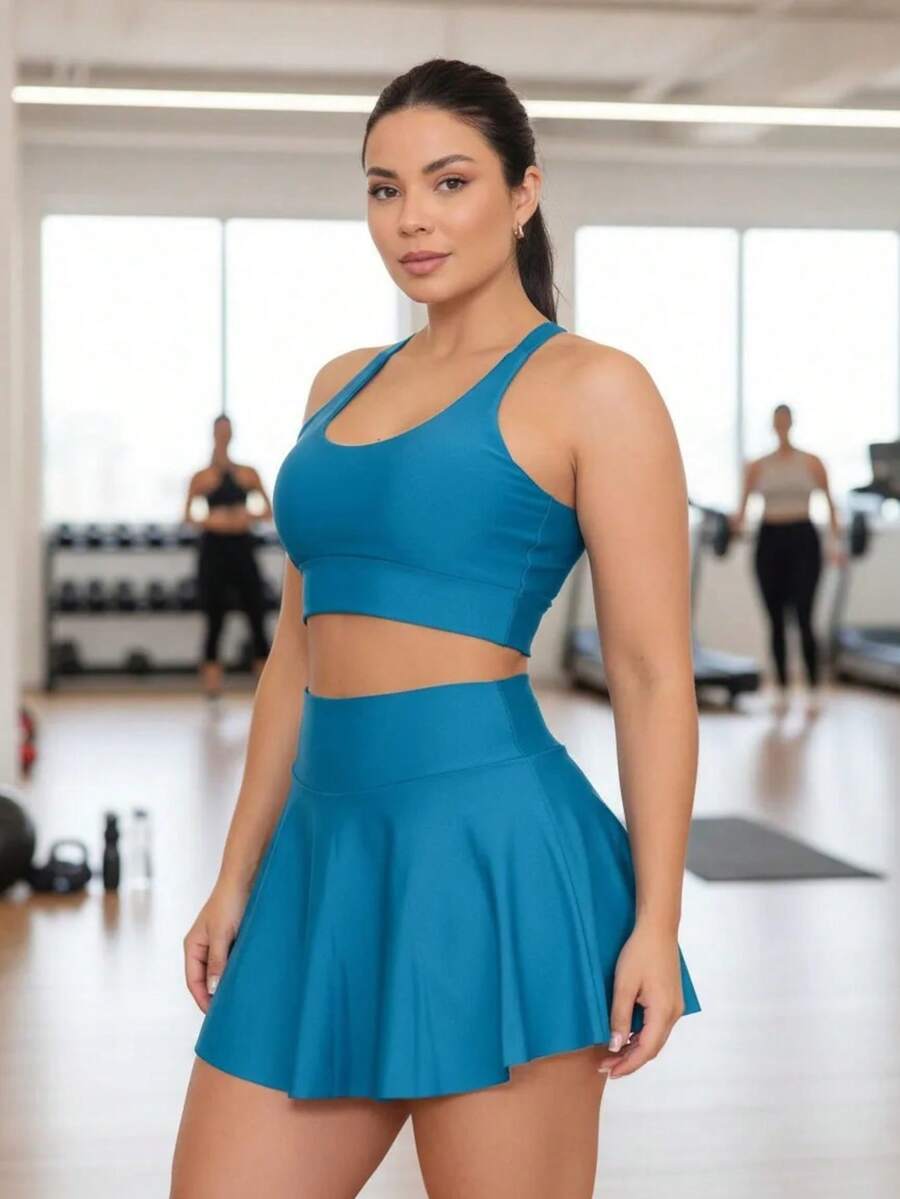 Gym Set: Shorts, Skirt, And Top - Fitness Kit - Màu xanh da trời - Xem 1