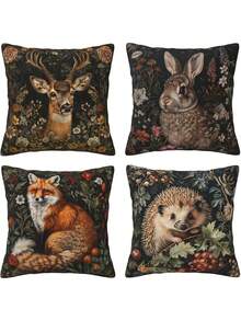 4PCS Vintage Forest Animal Cushion Covers - Deer, Fox, Rabbit, Hedgehog Decorative Pillowcases Essential For Living Rooms, Practical, Reusable, Comfortable Artwork, Soft To The Touch, Zipper Closure Design. Suitable For Sofa, Bed, Or Chair Decorative Pillowcases (45x45cm). Living Room Home Decor. Pillow Inserts Not Included. - Multicolor - View 1
