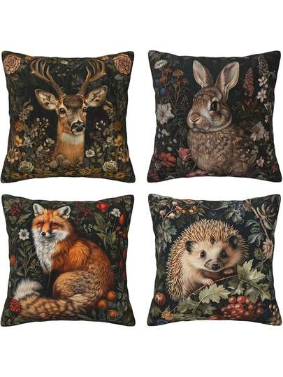 4PCS Vintage Forest Animal Cushion Covers - Deer, Fox, Rabbit, Hedgehog Decorative Pillowcases Essential For Living Rooms, Practical, Reusable, Comfortable Artwork, Soft To The Touch, Zipper Closure Design. Suitable For Sofa, Bed, Or Chair Decorative Pillowcases (45x45cm). Living Room Home Decor. Pillow Inserts Not Included.