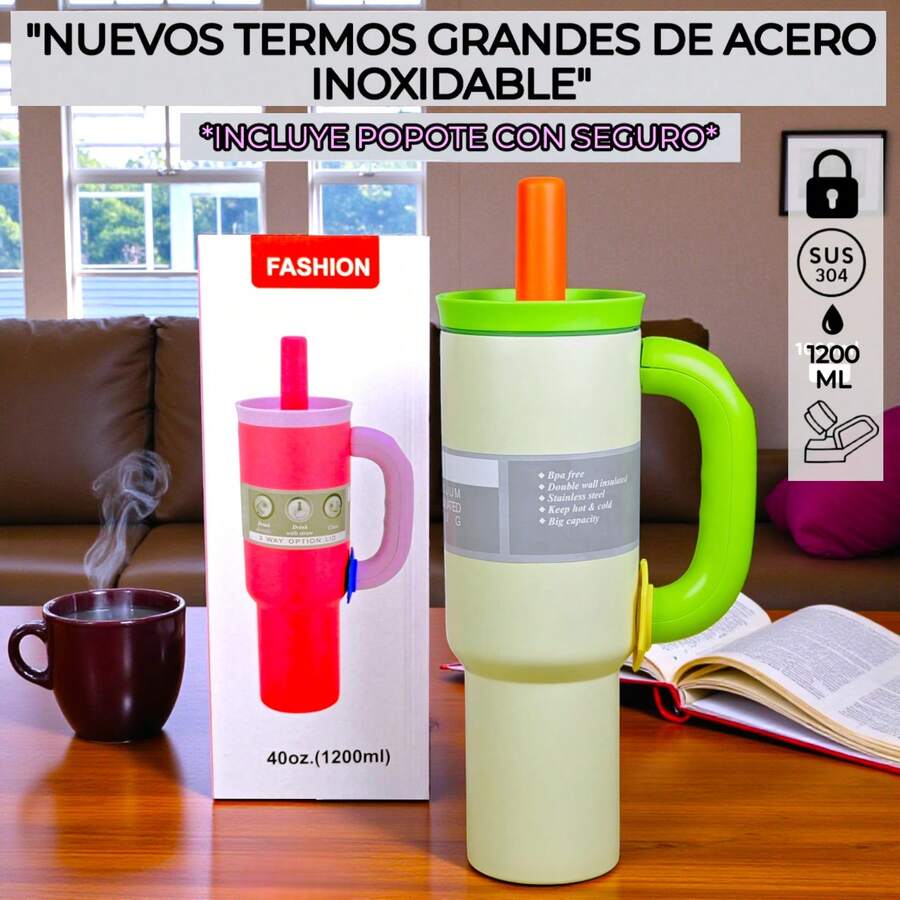 Termo/Vaso De Acero Inoxidable Grande Con Popote Y Tapa lavable, RR-40, 1200 ML,Botella, Vaso, Termo aislante ideal para gym, oficina, picnic, escuela, apto para hombre, mujeres y niños, 10 colores distintos. Vaso con agarradera, Termo de gran capacidad, termo para regalo.