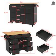 Modern Kitchen Island, Kitchen Unit, Extendable Rolling Cart With Worktop, Serving Trolley With Spice Rack And 8 Drawers, Black - Black - View 4