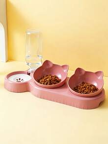 Pet Bowls With Water Feeder,1pc 3-In-1 Double Bowl Set And Automatic Water Dispenser Bottle To Keep Your Pet Hydrated And Full!, 3 In 1 Ear Design Tilted Cat Water And Food Bowl Set With Gravity Water Bottle For Neck Protection