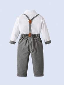 BOARNSEORL 2pcs Young Boys Gentleman Outfit - Long Sleeve Shirt With Bow Tie And Gray Suspender Pants, Fashionable, Elegant, Suitable For Birthday Party, Wedding, Pageant, Versatile - Grey - View 4