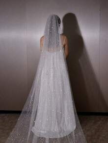 1 件 3 米长星光新娘头纱，适合婚礼仪式、婚纱摄影、登记，带梳子 - 直白色 - 查看 13
