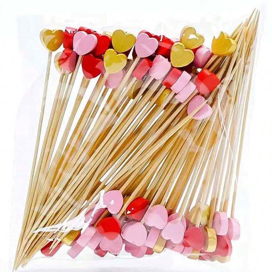 100pcs Gold & Pink Heart Shaped Bamboo Skewers, 12cm/4.72in - For Valentine's Day, Wedding, Anniversary, Party Food Decoration - High Quality Kitchen & Dining Bamboo Utensils - Multicolor - View 1