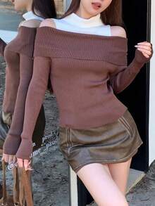 Women Knit Tops - Coffee Brown - View 3