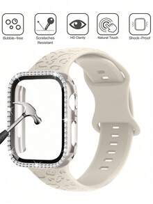 一套三合一时尚新款硅胶雕花豹纹表带及表壳保护膜，镶嵌钻石，PC材质，适用于 38mm、40mm、41mm、45mm、44mm、42mm、49mm，以及 Ultra系列、Ultra 9、8、7、6、5、4、3、2、1、SE。舒适透气，防刮防水防震，男女通用。