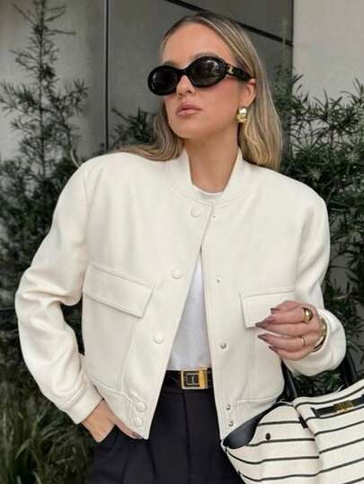 Chaqueta vintage de mujer TRAFZA de unicolor con bolsillos, botones y mangas largas, ropa de abrigo casual para otoño de piloto volador