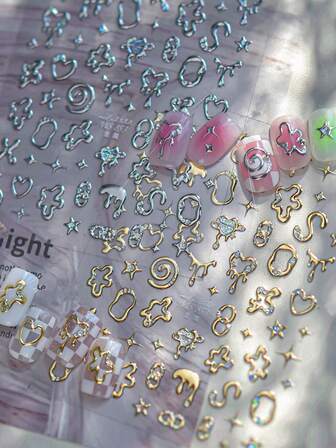 1 ark Y2K 3D flytande metall nagelklistermärke krom guld silver smältande hjärta stjärnvirvel nagelkonst dekaler cyberpunk manikyr gör-det-själv dekoration