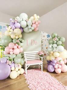 124件套粉绿色、紫色和粉色气球拱门套装，包含粉绿色、紫色、粉色、黄色和薰衣草色气球，非常适合生日、性别揭晓派对、新娘送礼会、花卉仙境主题派对、婴儿派对、婚礼和野花主题派对装饰。 - 彩色 - 查看 5