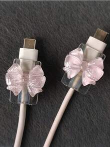 2pcs Pink Bow Universal Lightning (5-14) & Type-C Data Cable Protector - Shock-Resistant, Fashionable Phone Accessory Design - Plastic Material With Cute Bow Decoration, Charging Cable Protector - Multicolor - View 2