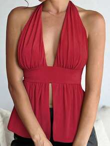 Womens Open Back Halter Tops Summer Fashionable Solid Color Split Front Going Out Vest - Red - View 2