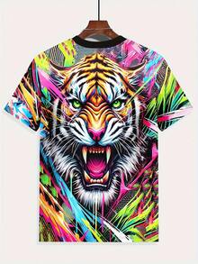 Men'S Bold 3D Tiger Head Graphic T-Shirt - Full Front Tiger Print, Breathable Polyester Shirt For Gym, Streetwear, Parties - Plus Size Friendly Big & Tall Tee - Neon Green/Blue/Pink/Orange/Black/White/Red - Machine Washable Casual Top For Everyday & Special Events, Party Outfit, Street Style, Durable Material, Statement Piece, Fashion Enthusiasts - Màu sắc hỗn hợp - Xem 4