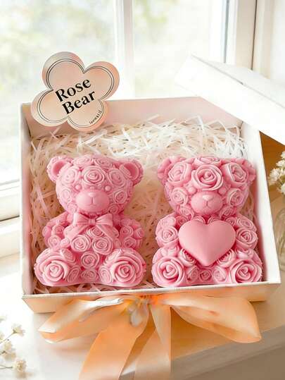 1 Stück DIY 3D Rose Bär Ins Ästhetik -Soja Herz-förmiger Bär Diffuser Exquisite Blütenblätter Aromatherapie Kerze für Valentinstag Hochzeitstag Geschenk für beste Freunde Festival Geschenk Kreative Heim Dekoration Handgefertigte Kerze