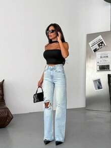 SQUALO Women's Wide Leg Color With Pocket Details Destroyed Retro Washed Street Style Jeans Ripped And Cutout Wide Leg Jeans - Baby Blue - View 6