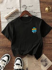 Boys & Teens Casual Printed Crew Neck Short Sleeve T-Shirt, Summer Top - Black - View 4