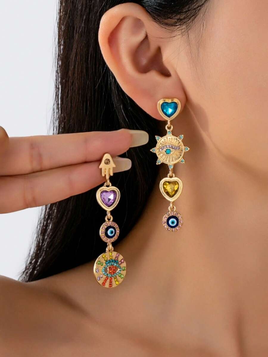 1对复古多元素水钻恶魔眼、手和心形耳环，适合女性日常佩戴或参加派对场合 - 彩色 - 查看 1