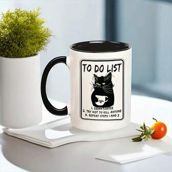 1pc Holiday Gift Funny Ceramic Coffee Mug Angry Cat Ceramic Coffee Mug Double-Sided Design White Cup For Hot Or Cold Drinks Birthday Gifts For Mom/Friends Home Kitchen Item