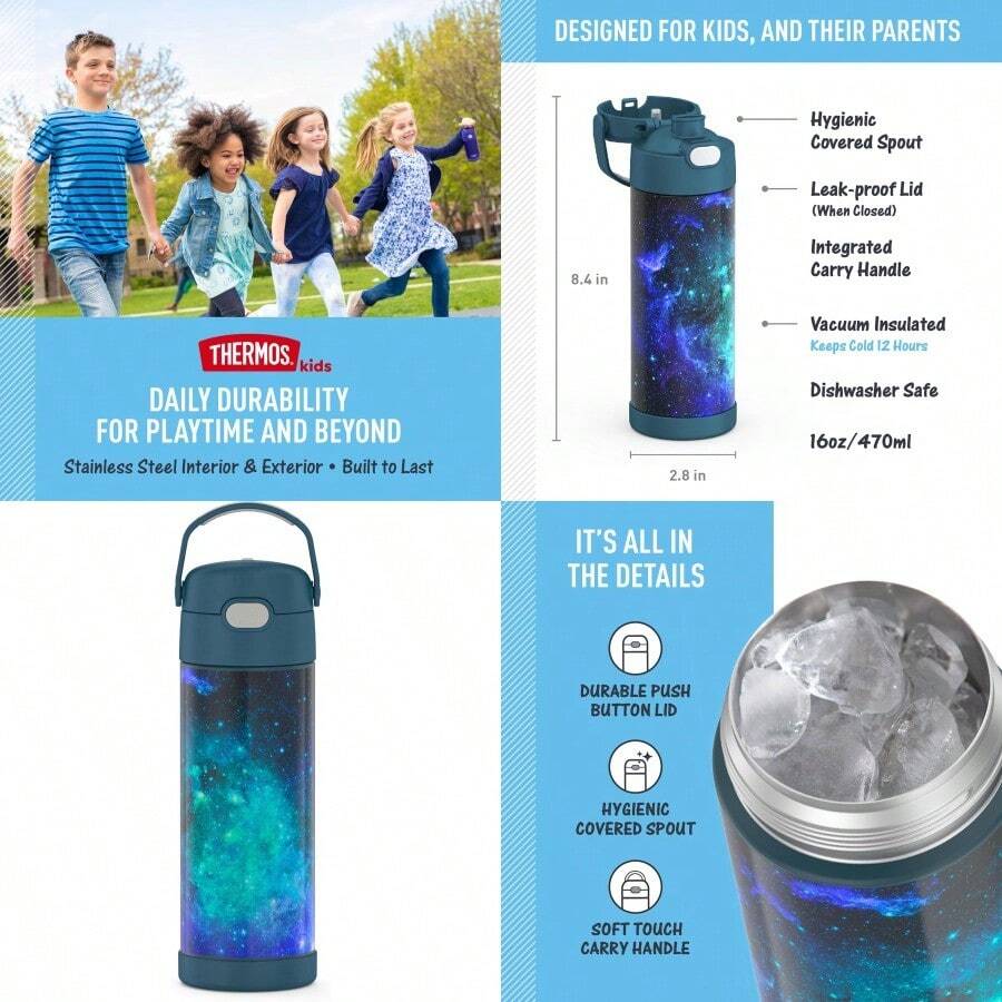 NEW FUNTAINER Botella aada al aspiradora de acero inoxidable de 16 onzas con tapa de boquilla ancha color verde azulado galaxia - Galaxyverdeazulado - Ver 1