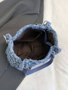 Sac fourre-tout pour femmes, sac à bandoulière en canevas à carreaux bleus, sac à main souple de grande capacité, mode et minimaliste, convient pour le shopping et les déplacements - Bleu azur - Voir 9