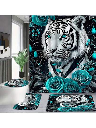1/4pcs Green Rose & Tiger Element Shower Curtain, Digital Printing Modern Style Home Decor, Machine Washable, Fashionable Theme, Suitable For All Seasons, Easy Installation - Includes 12 Hooks For Bathroom, Guest Room, Bedroom, Living Room